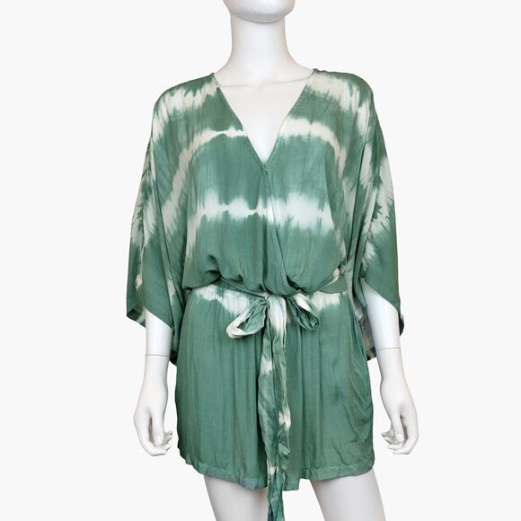NWT FLAWLESS Faux Wrap Tie-Dye Kimono Romper with Waist Tie (Green | Size M) - Picture 1 of 9